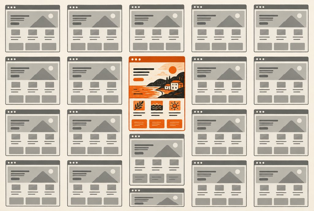 Rows of identical website layouts with one that stands out