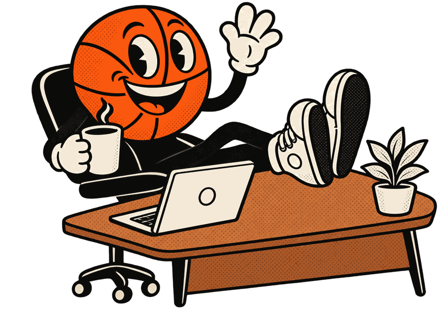 Mascot waving from behind a desk