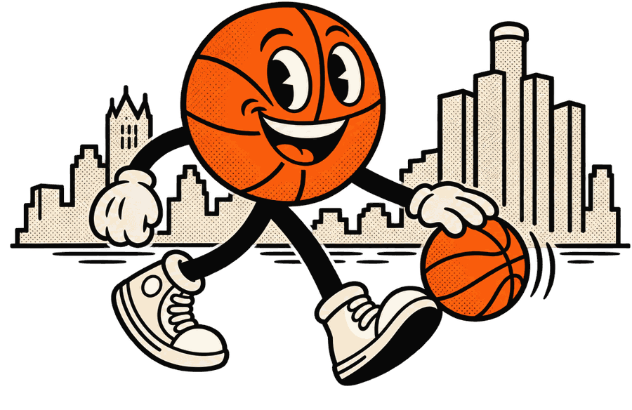 Mascot dribbling past the Detroit skyline