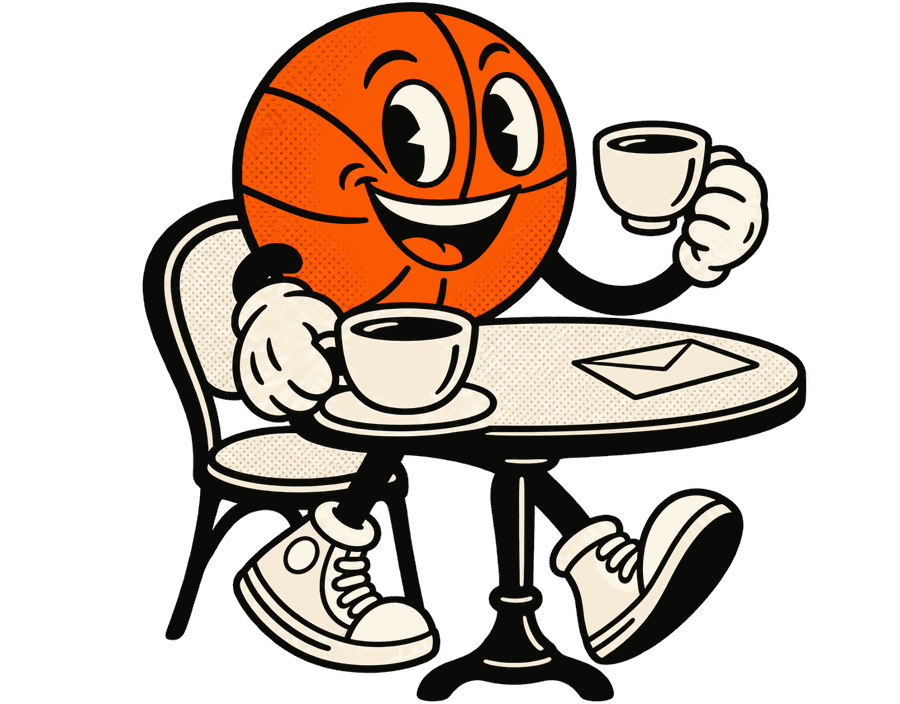 Mascot offering a coffee across a cafe table