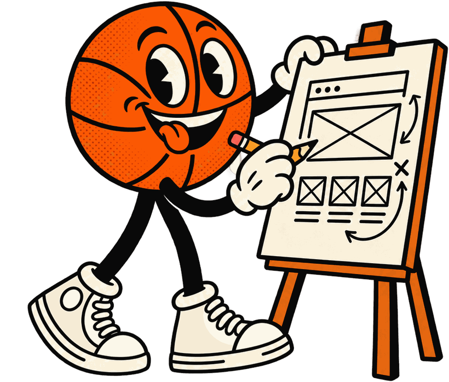 The mascot drawing a website wireframe on an easel
