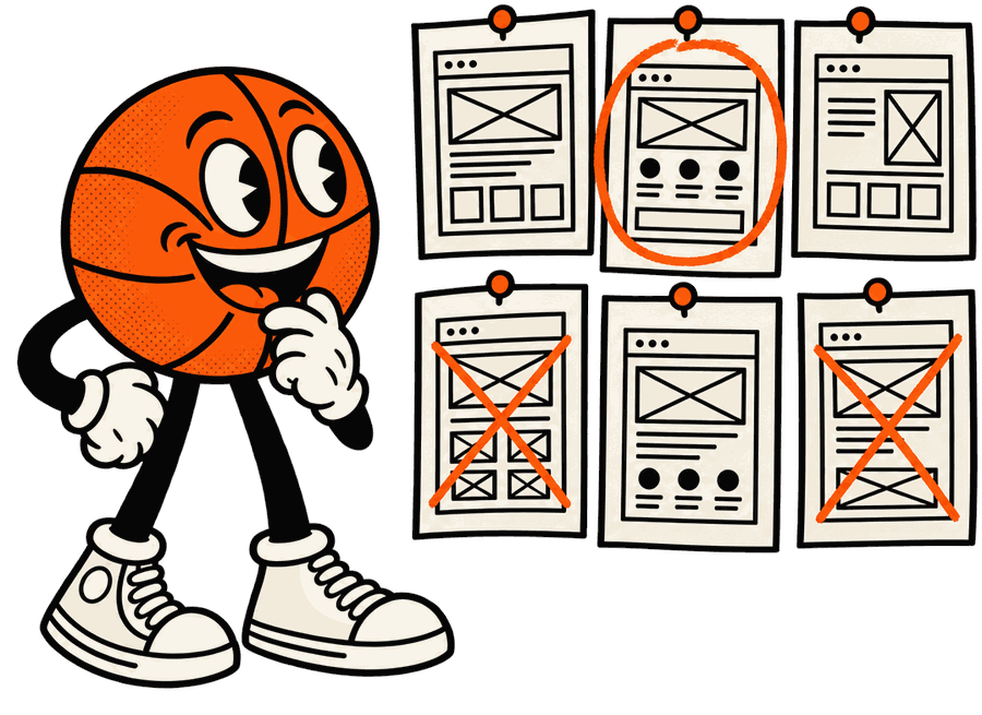 Mascot reviewing a wall of AI wireframe drafts
