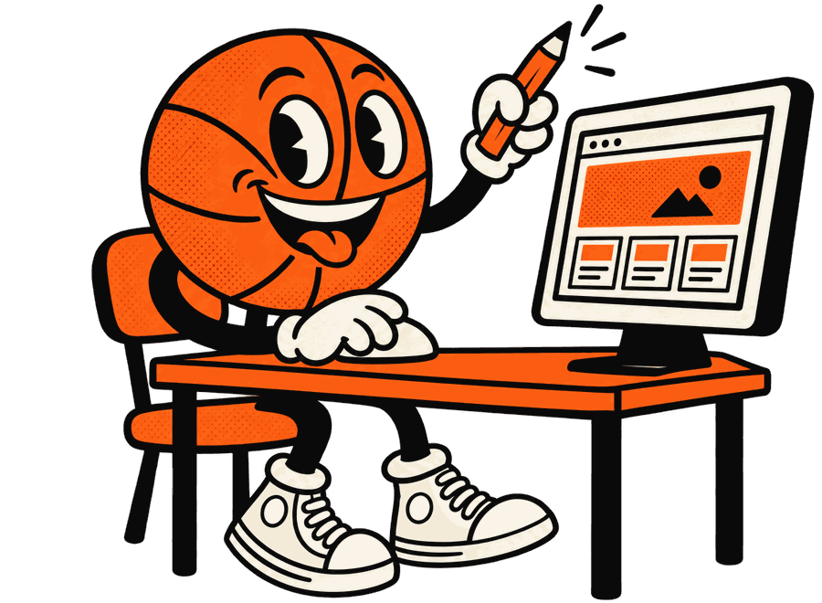 Mascot building a website page at a drafting table